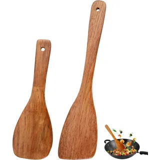 Premium Pfannenwender 2 Stück Holzschaber | Spachtel Pfannenwender Holz, Holzspatel Zum Kochen Pfannenwender, Langem Griff Antihaft Holzspachtel für Küche