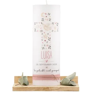 Personalisierte Taufkerze für Mädchen | Moderne handgemachte Kerze mit Name & Datum | Taufgeschenk | Hochwertige Rustikkerze mit Spruch | Partenkerze Rosa Boho (Rosa)