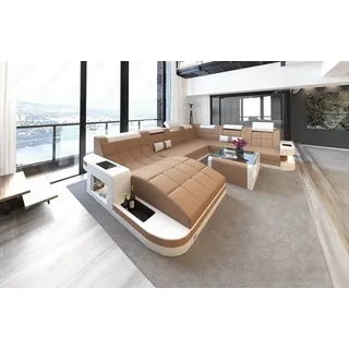 Sofa Wohnlandschaft Wave XXL Mini mit Licht USB Webstoff Strukturstoff - Schwarz/Weiß/Braun/Beige