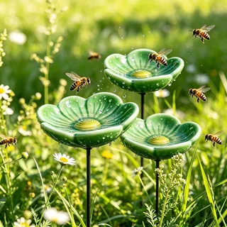 Blume Bienentränke für den Garten | 3 Stück Keramik Blumen Insektentränke auf Stab | 27CM Blume Gartenstecker Vogeltränke Stehend Süße | Kreative Blumen Vogelbad Garten für Gartendeko Draußen