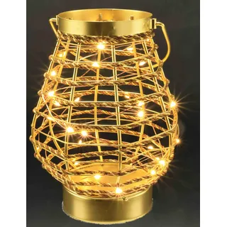 Leuchtfigur Windlicht-Laterne aus Metall & Kordel auf Sockel | 20cm | LED warmweiß | Gold | Batteriebetrieb 3xAAA | Mit Timer | Weihnachtsdeko Lampe Tischdeko Dekofigur | Geschenkidee