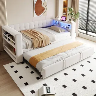 STILVORA Polsterbett 90/180×190 cm, mit LED-Beleuchtung, Steckdosen und viel Stauraum, Multifunktionales Schlafsofa Integriertes Tagesbett mit Sta... - Beige