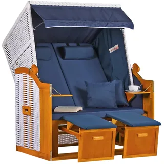 MR. DEKO Strandkorb 2 Sitzer Ostsee Uni Blau I wetterfeste Strandhütte für Balkon Garten I Rattan Hartholz Selbstmontage I Moderne Strandloge mit Liegefunktion Klapptisch inkl. 4 Kissen