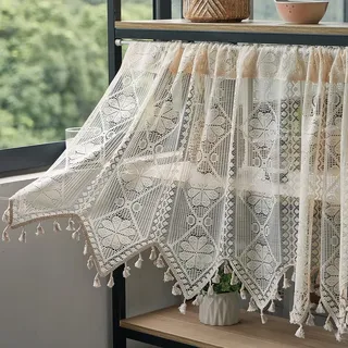Jeeman Scheibengardinen mit Fransen Kleeblatt Häkelspitze Kurzgardine Boho | Vintage Spitzen Vorhange Halbe Gardinen Fenster Landhausstil Bistrogardine Küche Kleine Fenster Beige HxB 60x180cm 1 Stück