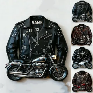 Personalisierte Motorrad-Lederjacken-Themenuhr für Schlafzimmer, Wohnzimmer, Küche, Club, 2D, flach, Acryl, Motorrad-Thema, Wandkunst, Schild, personalisierte Motorradfahrer-Name, Wanduhr für Junge
