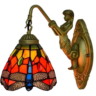 PAZWAHF Libellen-Muster, Tiffany-Stil, Wandleuchte, 15,2 cm große Glasspiegel-Frontleuchte, Schlafzimmer neben der Wandleuchte mit Meerjungfrau-Lampenarm