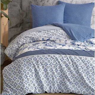 one-home One Home Renforcé Blumen/Paisley Blau 135 x 200 cm + 80 x 80 cm