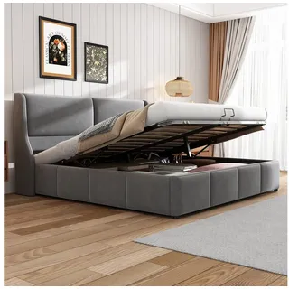 Odikalo Stauraumbett Polsterbett Doppelbett Funktionsbett Kissen Kopfteil 140/160/180 Grau 160 cm x 200 cm
