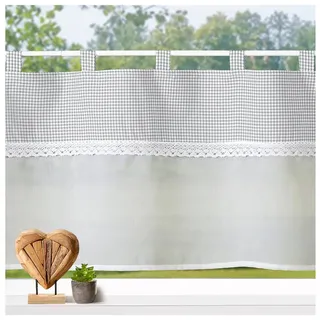 heimtexland Scheibengardine Landhaus Bistro Gardine Küche Batist Vichy Karo (1 St), Schlaufen, halbtransparent, Batist-Optik, Schlaufen I Häkel-Borte I Fensterdeko grau