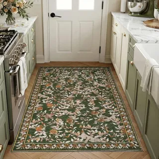 Waschbarer Teppichläufer 80x150cm - Rutschfest, Vintage Blumenmuster, Grüner Kaschmir - Grün