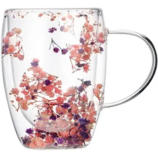 Doppelwandige Kaffeetassen, 350ml Doppelwandige Kaffeegläser, Latte Macchiato Gläser mit Henkel, Klare Glasbecher mit blumen, Teegläser Trinkgläser für Cappuccino,Tee,EIS,Milch,Bier (Pink Purple)