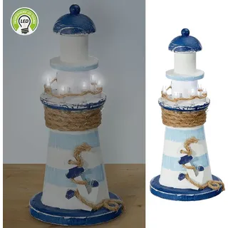 LED Deko Leuchtturm H22cm Holz Seil Muscheln Anker maritim Dekoration Leuchtfeuer Turm - Weiß/Blau