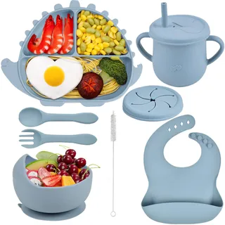 Delven Baby Geschirrset Kinderteller Set 8 Stück Baby Essen Set, Hellblau