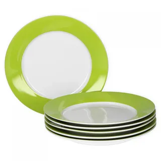 van Well Vario Frühstücksteller-Set 6-teilig für 6 Personen - Kuchen-Teller mit Ø 20cm - Porzellan weiß mit Rand in Grün - Dessert-Teller mikrowellengeeignet