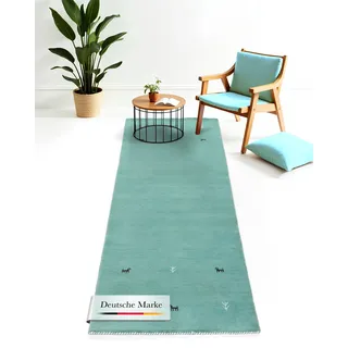 carpetfine Gabbeh Uni Wollteppich 75 x 200 cm Blau/Türkis