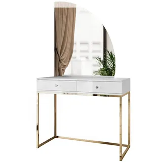 ALLHOUSE24 Schminktisch BUENO MOND Metallgestell Gold Kosmetiktisch Halbmond Spiegel Led (1x Konsolentisch, 1x Spiegel mit LED Beleuchtung), Breite 100 cm weiß