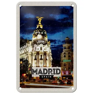 Femer GmbH Metallschild Reise 12x18cm 'Madrid Spain Retro Nacht Poster, (1 St), gewölbte Oberfläche, abgerundete Ecken, umgeschlagene Kanten