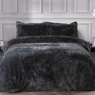 Sleepdown Luxuriöses Bettwäsche-Set aus Fleece, langflorig, Kunstfell, Anthrazitgrau, superweich, pflegeleicht, mit Kissenbezug, Einzelbett (135 x 200 cm)