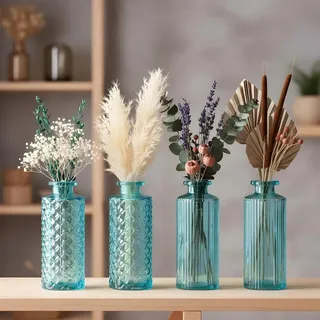 Glasvasen Set Türkis 4er Set 14cm Kleine Blumenvasen Tischdeko Moderne Dekovasen Transparent Retro Tischdeko Frühlingsdeko Glasvase Dekovase