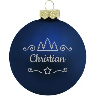 Deitert Weihnachtskugel mit Namen oder Wunschtext graviert, Ø 8cm, personalisierte Christbaumkugel aus Glas (matt), individueller Weihnachtsbaumschmuck mit Gravur, Tannen-Motiv, Blau