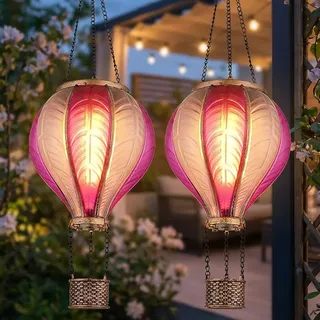 Solar Hängelampe Außen Balkonleuchte Heißluftbalon Flammen Effekt LED 2er Set