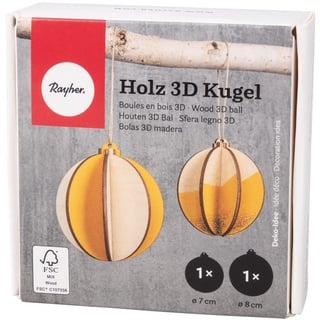 Rayher 3D-Kugeln Holz, Weihnachtskugeln Holz, FSC zertifiziert, natur, 2 Stück, 7 + 8 cm ø, mit Kordel, Set 8-tlg. Holzkugeln Hänger, 64521505