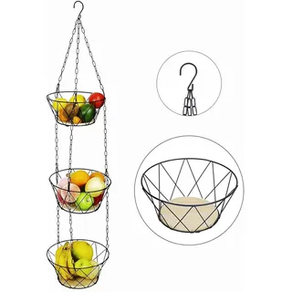 hängender The Rombs Obstkorb praktische Küchen-Etagere für Obst und Gemüse mit 3 Körben bis 15kg Holz/Schwarz - One-Size