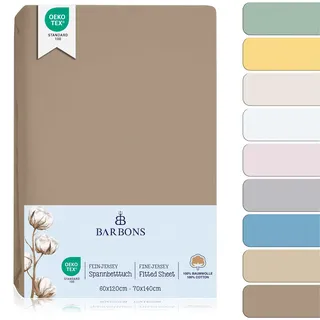 BARBONS Spannbettlaken für Baby Kinderbett 60x120 / 70x140-100% Jersey Baumwolle Spannbetttuch Oeko-TEX Standard 100 Zertifiziert Bettlaken für Babybett - Taupe 60 x 120/70 x 140 cm 2er