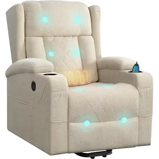 Woltu Massagesessel, elektrisch verstellbar, mit Liegefunktion Aufstehhilfe, Frottee beige