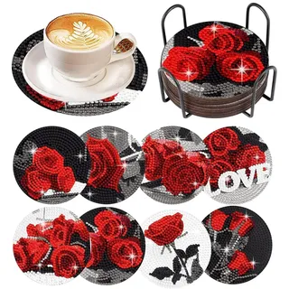 JUCHRZEY 8/10 Stück Diamond Painting Untersetzer mit Halter, Valentinstag DIY Herz Diamant Untersetzer DIY-Valentinstag-Untersetzer zum Basteln Erwachsene
