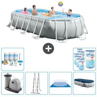 Intex Oval Prism Frame Swimmingpool – 503 x 274 x 122 cm – Grau – inklusive Pumpe – Leiter – Bodenplane – Abdeckung Wartungspaket - Filter