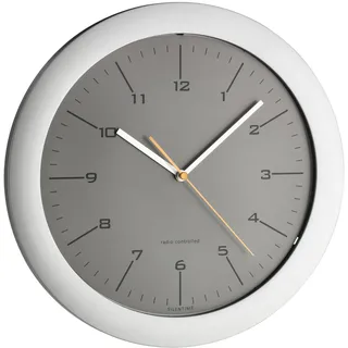 TFA Dostmann Design Funk Wanduhr, 60.3512.10, leises Uhrwerk, mit orangen Sekundenzeiger, Ideals als Küchenuhr/Bürouhr, Silber/grau