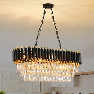 MSSIAN Kronleuchter Modern Kristall - Kronleuchter Schwarz Gold, Oval 80cm | Schwarzer Gold Kronleuchter für Wohnzimmer, Esszimmer, Schlafzimmer, E14 Lampenfassung, Geeignet für Dimmbare Leuchtmittel