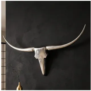 FINEBUY Wanddekoobjekt FB37874 Bull Geweih L Wanddekoration 125 cm breit Aluminium silber (Deko Hirschgeweih Aluminium 125 cm Silber modern), Wanddeko Metall Design Hirschkopf Geweih Wand groß silberfarben