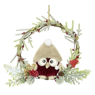 Flair Flower Rattan Eule Winterlicher Weihnachtskranz mit Tannenzweigen, Dekozweigen, Beeren, Zapfen und Blüten in Burgund für Tür, Wand oder Möbel, Hochwertige Verarbeitung, Winterfest