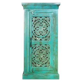 Indische Kommode kleiner Schrank aus Mangoholz mit Schnitzerei Orientale Einrichtung Türkis Antik Design 100cm - Türkis/Blau
