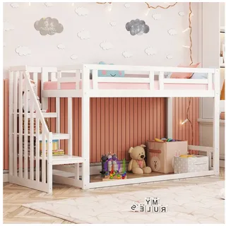 Flieks Etagenbett, Kinderbett mit Sicherheitstreppe 90x200cm Massivholz weiß