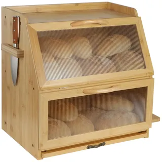 Sampoes Brotkasten Bambus, Doppelte Schicht Brotbox mit Schneidebrett und Sichtfenster, Brot Aufbewahrungsbox Brotbehälter für Hörnchen, Brötchen, Brotaufbewahrung, 38 x 27 x 39 cm, Natur