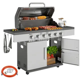 Outsunny Gasgrill inkl 6 Edelstahl-Brenner Rolle Thermometer Silber - Silber