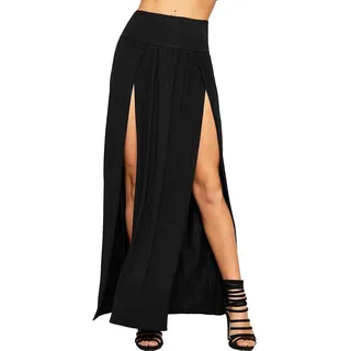 Love Celeb Look Damen Maxirock mit hohem Schlitz, doppelt geteilt, hohe Taille, seitlicher Schlitz, einfarbig, Stretch, lang, Schwarz , 48 - 48 Große Größen