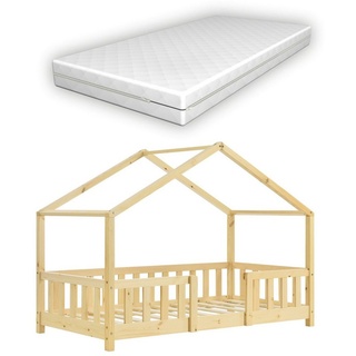en.casa Kinderbett (Bett und Matratzen), »Treviolo« Hausbett mit Matratze Holz 70x140 cm beige