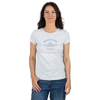 MUSTANG T-Shirt Damen Logo Printshirt Alexia C Logo Slim Fit (1-tlg) Basic Kurzarm Tee Shirt mit Rundhalsausschnitt aus 100% Baumwolle blau L