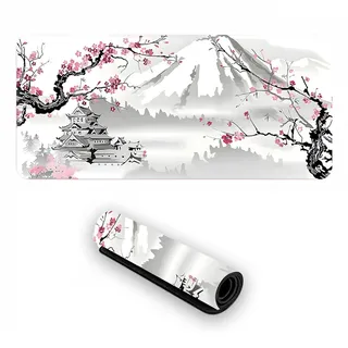 Gaming Mauspad Weiß XXL, 900 x 400 mm White Sakura Mousepad, Extended Large Schreibtisch Matte, Schreibtisch Unterlage auf Gummibasis, rutschfest Mäusepad Japan Style, für Gaming Büro PC Laptop