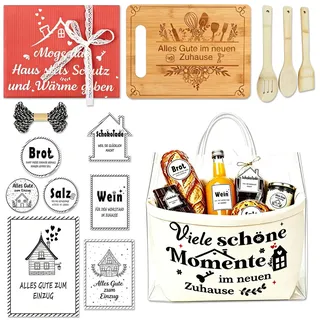 Einzugsgeschenk Set, Geschenk zum Einzug Haus Brot und Salz | Einweihungsgeschenk für Haus, Brotkorb mit Holz Schneidebrett, Geschirrtuch, Kochlöffel, Aufklebern, Ideal als Umzugsgeschenk
