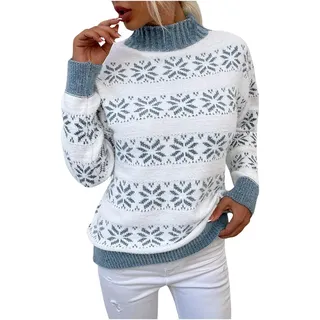 Weihnachtspullover Damen Norwegen Pullover mit kleinem Stehkragen Christmas Pullover Warm Strickpullover mit Streifen Schneeflocken Langarm Winter Pullis für Frauen