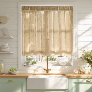Sutuo Home Boho-Vorhänge, Volant, Etagen, 91,4 cm, für Café, Küche, Tür, Schrank, Kurze Leinen, Bauernhaus, schicke Quasten, Fensterbehandlung, Bohemian-Stickerei, Vorhangstangentasche, 1 Paneel