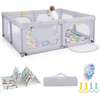 FANTASK Laufstall Baby faltbar mit Matratze 189 x 158 cm, Laufgitter mit 50 Spielbällen & 4 Griffe (Hellgrau)