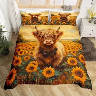 Homewish Highland Kuh Sonnenblumen Bettbezug Bauernhaus Bettwäsche 135x200 | Niedliche Kuh Geschenke Mädchen Kinder Erwachsene Sonnenblumen Dekor Bauerntier Tröster Abdeckung