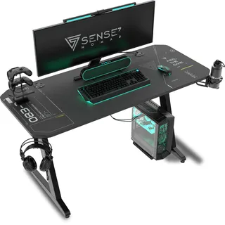 SENSE7 Schreibtisch Nomad Cybernetic, Gaming Tisch 140x60, PC Tisch mit Kopfhörerhaken, Getränkehalter, Controller Halter, Gaming Computertisch mit Kohlefaseroberfläche, Ergonomischer Gaming Desk