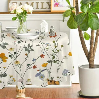 Vintage-Blumen Tischdecke Runde 180x180 cm, Fleckabweisende Abwaschbare Tischdecke mit Landhausstil Muster, Weiß Gartentischdecke, Für Küche, Esszimmer, Party -AAb2